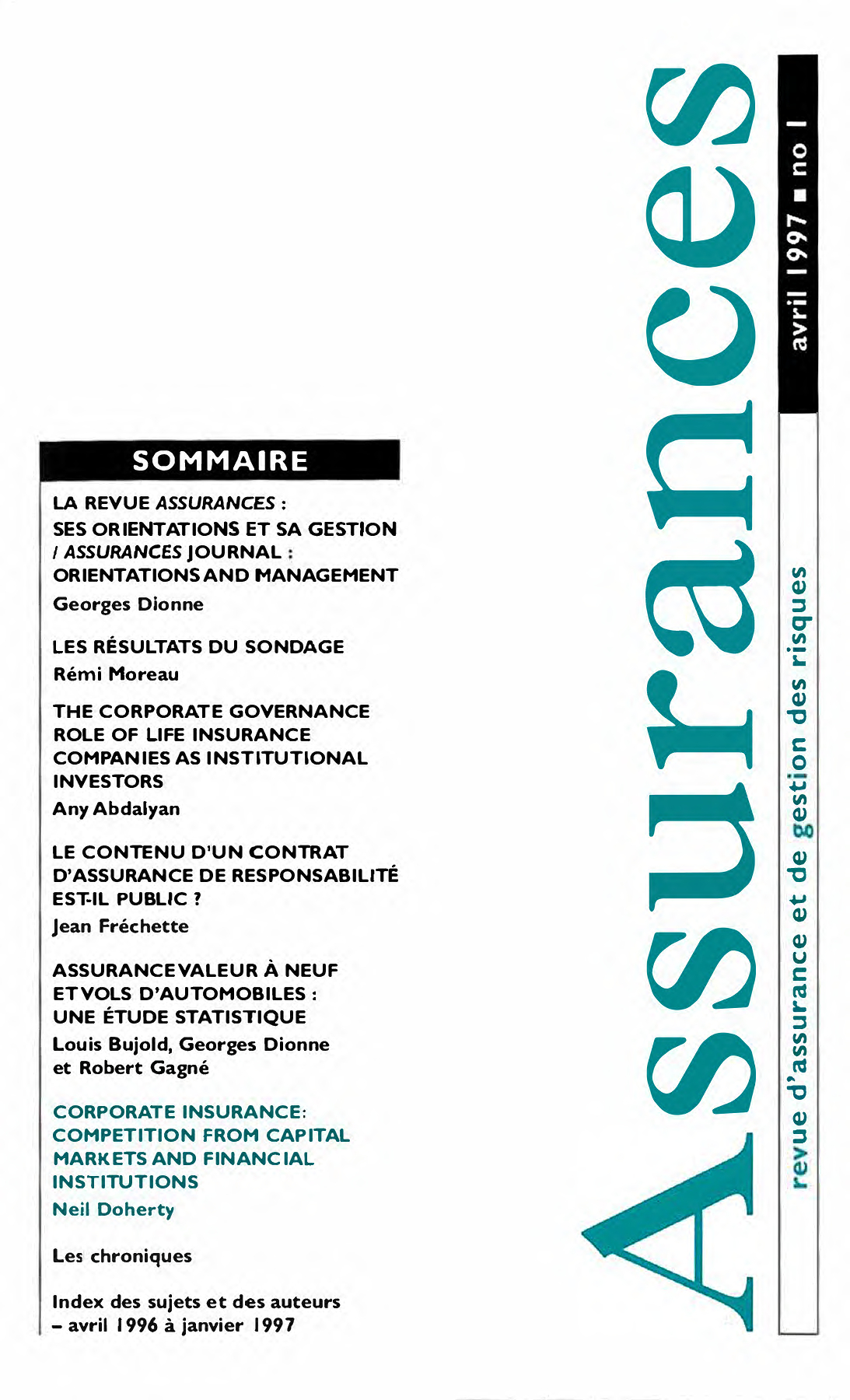 Cover of Volume 65, Number 1, 1997, pp. 1-156, Assurances