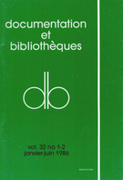 Cover of Volume 32, Number 1-2, January–June 1986, pp. 3-64, Documentation et bibliothèques