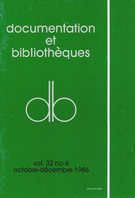 Cover of Volume 32, Number 4, October–December 1986, pp. 107-168, Documentation et bibliothèques