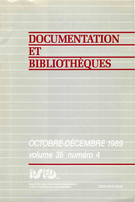 Cover of Volume 35, Number 4, October–December 1989, pp. 131-201, Documentation et bibliothèques