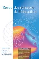 Cover of Les facteurs prédisposant à la réussite éducative dès la petite enfance, Volume 38, Number 3, 2012, pp. 469-675, Revue des sciences de l’éducation