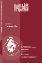 Cover of Le suicide, Volume 37, Number 2, Fall 2012, pp. 7-273, Santé mentale au Québec