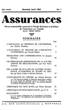 Couverture de Volume 33, numéro 1, 1965, p. 1-71, Assurances