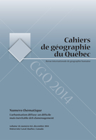 Couverture de L’urbanisation diffuse : un difficile mais inévitable défi d’aménagement, Volume 58, numéro 165, décembre 2014, p. 323-523, Cahiers de géographie du Québec