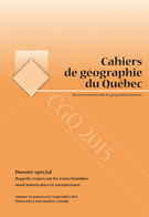 Couverture de Regards croisés sur les zones humides nord-américaines et européennes, Volume 59, numéro 167, septembre 2015, p. 167-330, Cahiers de géographie du Québec