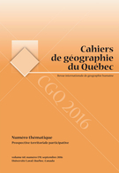 Couverture de Prospective territoriale participative, Volume 60, numéro 170, septembre 2016, p. 209-417, Cahiers de géographie du Québec