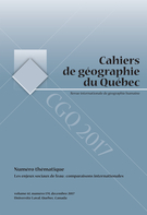 Couverture de Les enjeux sociaux de l’eau : comparaisons internationales, Volume 61, numéro 174, décembre 2017, p. 415-606, Cahiers de géographie du Québec