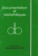 Couverture de Volume 32, numéro 3, juillet–septembre 1986, p. 67-103, Documentation et bibliothèques