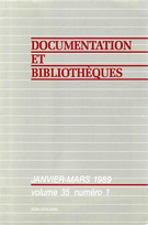 Couverture de Volume 35, numéro 1, janvier–mars 1989, p. 3-31, Documentation et bibliothèques
