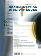 Couverture de Volume 54, numéro 4, octobre–décembre 2008, p. 255-298, Documentation et bibliothèques