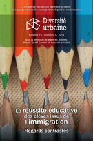 Couverture de La réussite éducative des élèves issus de l'immigration, Volume 12, numéro 1, 2012, p. 3-124, Diversité urbaine