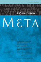 Couverture de 60<sup>e</sup> anniversaire. Les horizons de la traduction : retour vers le futur, Volume 60, numéro 2, août 2015, p. 207-379, Meta