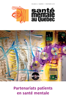 Couverture de Partenariats patients en santé mentale, Volume 40, numéro 1, printemps 2015, p. 7-274, Santé mentale au Québec