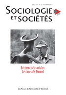 Couverture de Réciprocités sociales. Lectures de Simmel, Volume 44, numéro 2, automne 2012, p. 5-339, Sociologie et sociétés