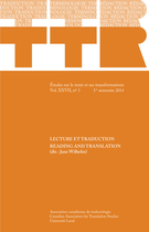 Couverture de Lecture et traduction, Volume 27, numéro 1, 1er semestre 2014, p. 9-249, TTR